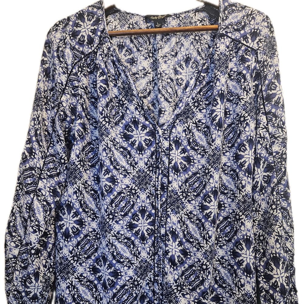 Lucky Brand Blouse Womens L Blue Geometric Tunic Raglan Long Sleeve‎ Rayon
